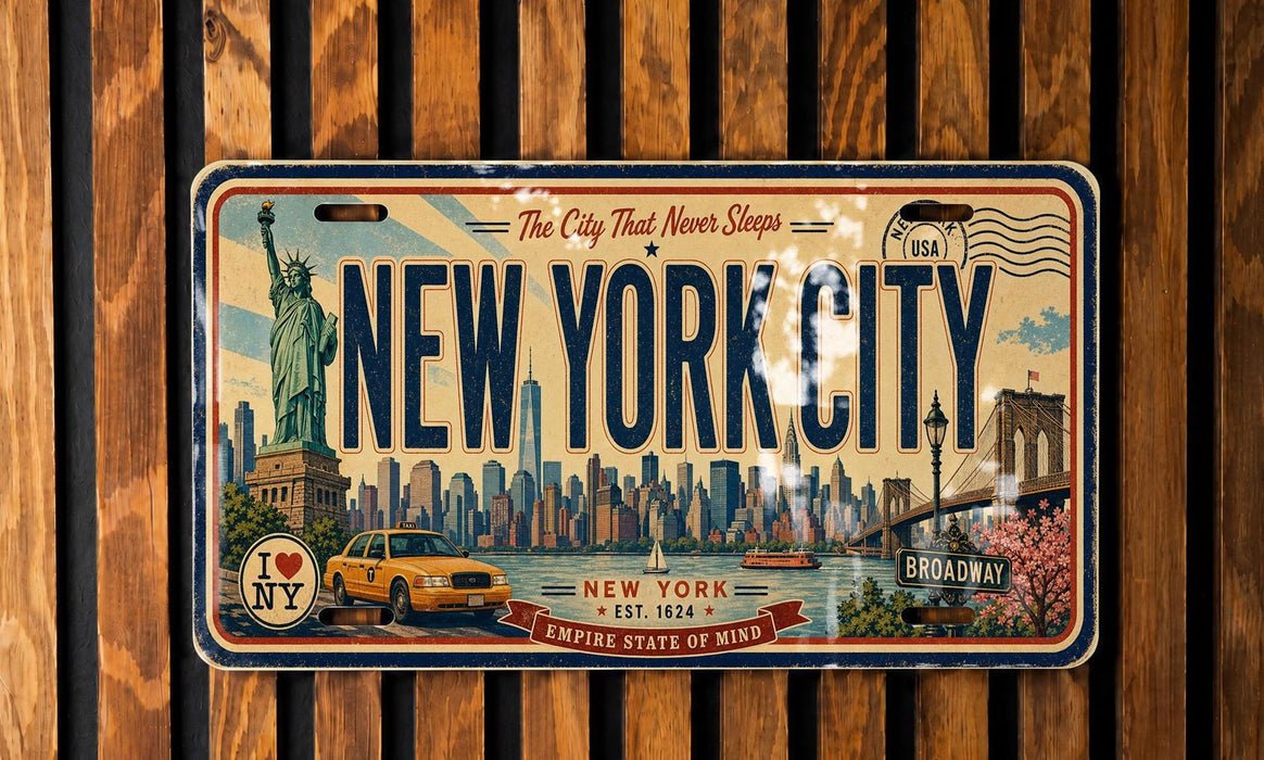 A vintage-style license plate with the text "NEW YORK CITY" and various iconic landmarks and symbols, such as the Statue of Liberty, the Empire State Building, and the Broadway Bridge.