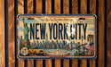 A vintage-style license plate with the text "NEW YORK CITY" and various iconic landmarks and symbols, such as the Statue of Liberty, the Empire State Building, and the Broadway Bridge.