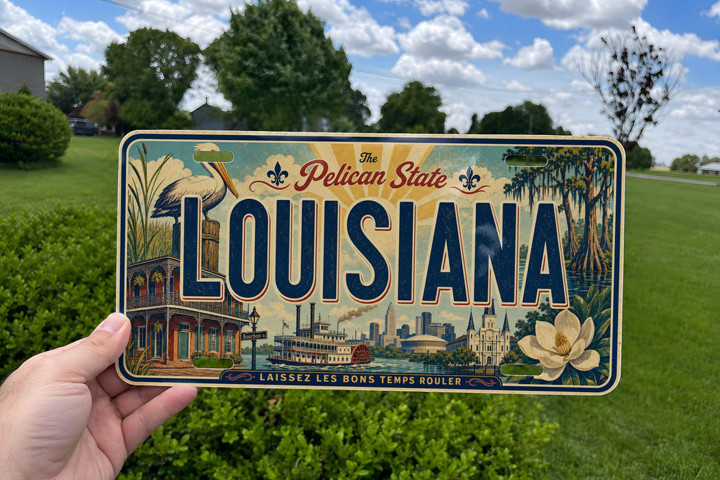 A person is holding a license plate that says "LOUISIANA" with various illustrations of landmarks and scenery surrounding it.