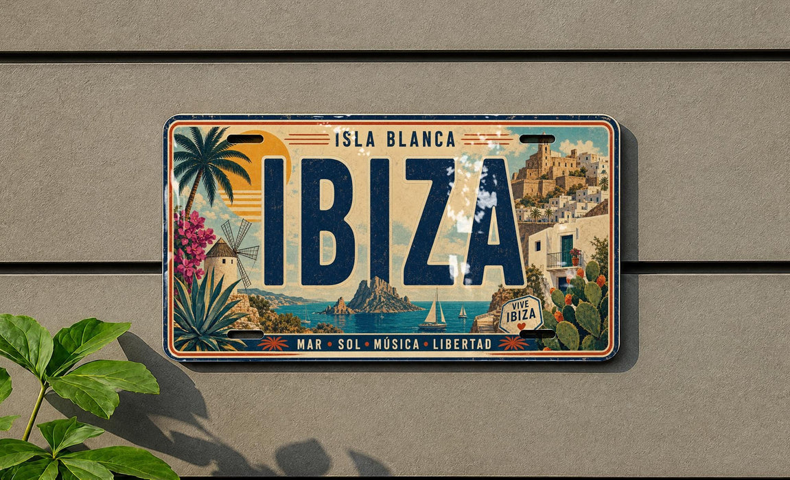 A vintage license plate from the island of Ibiza, featuring a tropical landscape with palm trees, buildings, and a body of water.