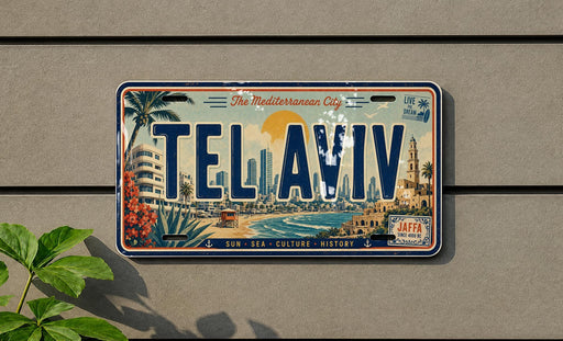 A license plate with the text "Tel Aviv" on it, featuring a cityscape and beach scene.