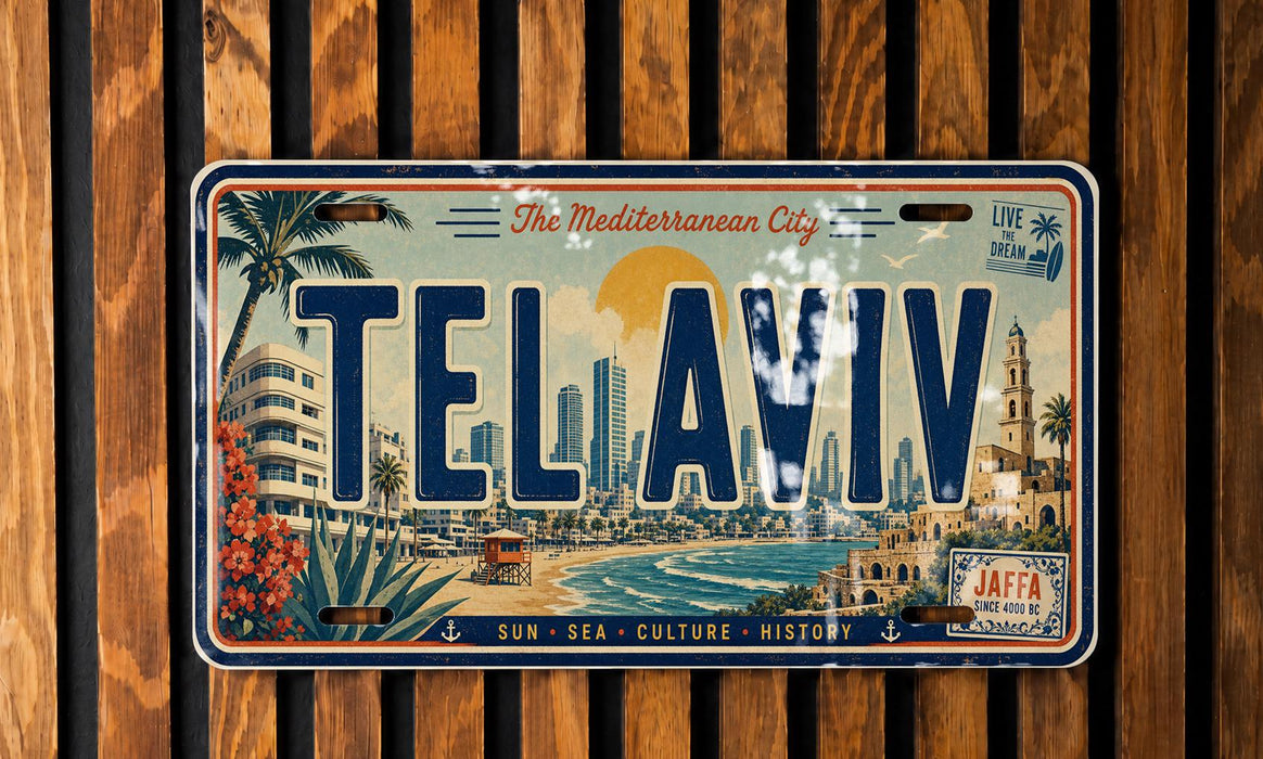 A vintage-style license plate with the text "The Mediterranean City" and a cityscape illustration, mounted on a wooden background.