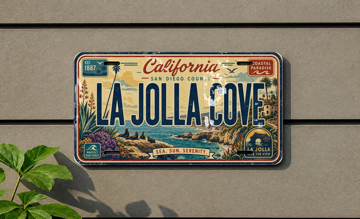 A vintage California license plate with the text "LA Jolla Cove" and a coastal theme, mounted on a wall.