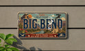 A vintage-style license plate with the text "Big Bend" and "Wild & Timeless" printed on it, hanging on a wall.