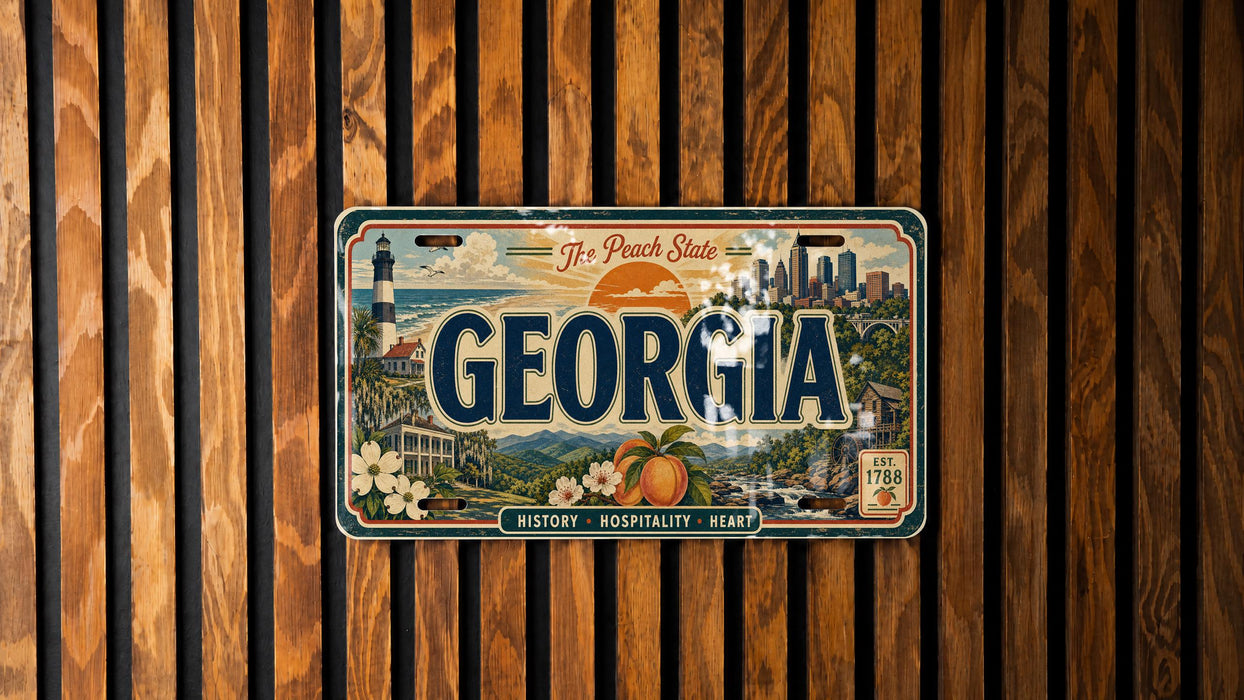 A vintage Georgia license plate is displayed on a wooden wall.
