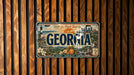 A vintage Georgia license plate is displayed on a wooden wall.
